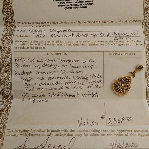 14k Yellow gold Diamond butterfly teardrop pendant - Picture 6 of 14